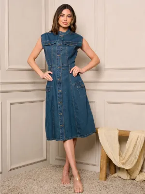 WOMEN'S SLEEVELESS POCKETS BUTTON CLOSURE DENIM MIDI DRESS