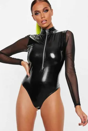 Zip front Wetlook PU Bodysuit Black