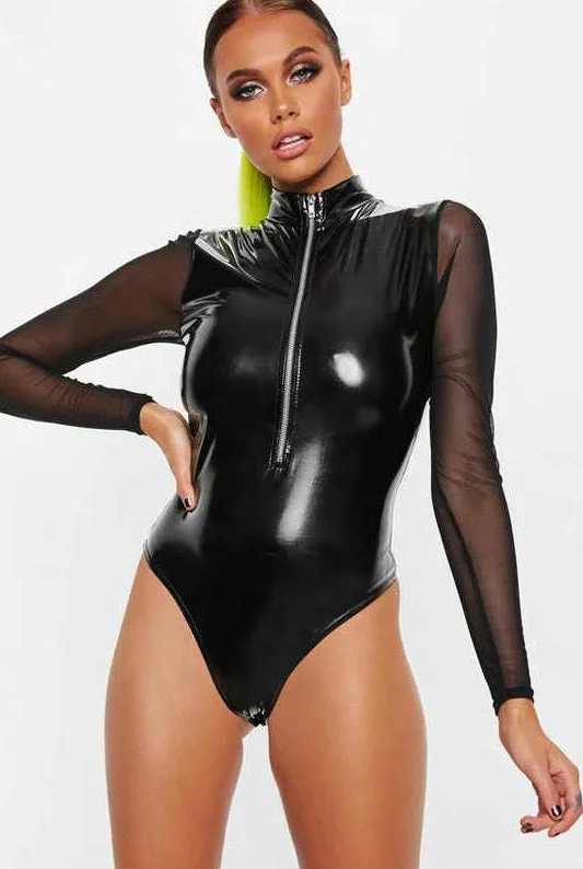 Zip front Wetlook PU Bodysuit Black